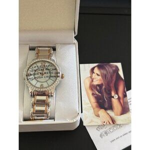 Melania Trump Watch Round Silver Rose Gold Tone ME191 Mother of Pearl Crystals